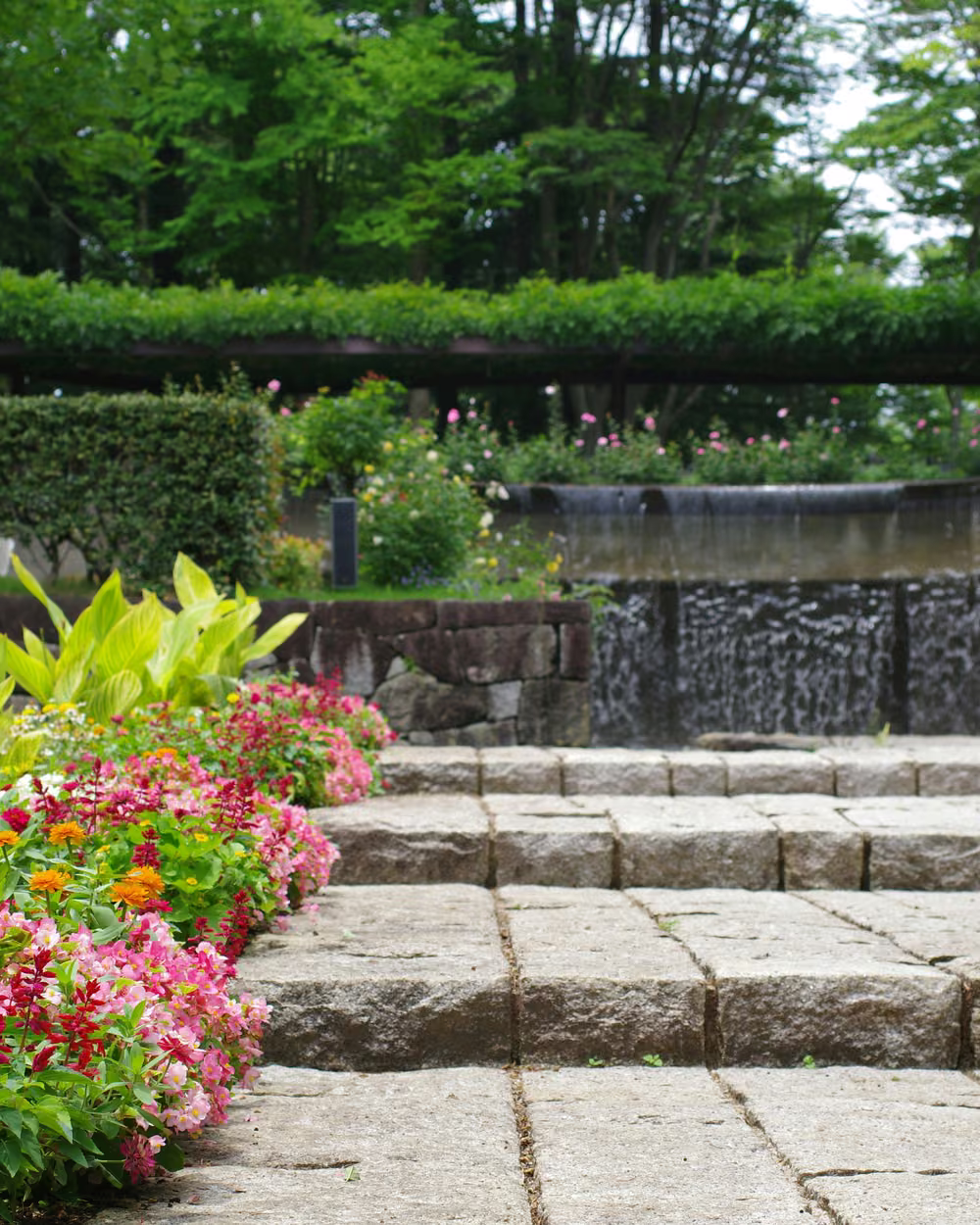Flower border along stone steps in front of a waterfall feature