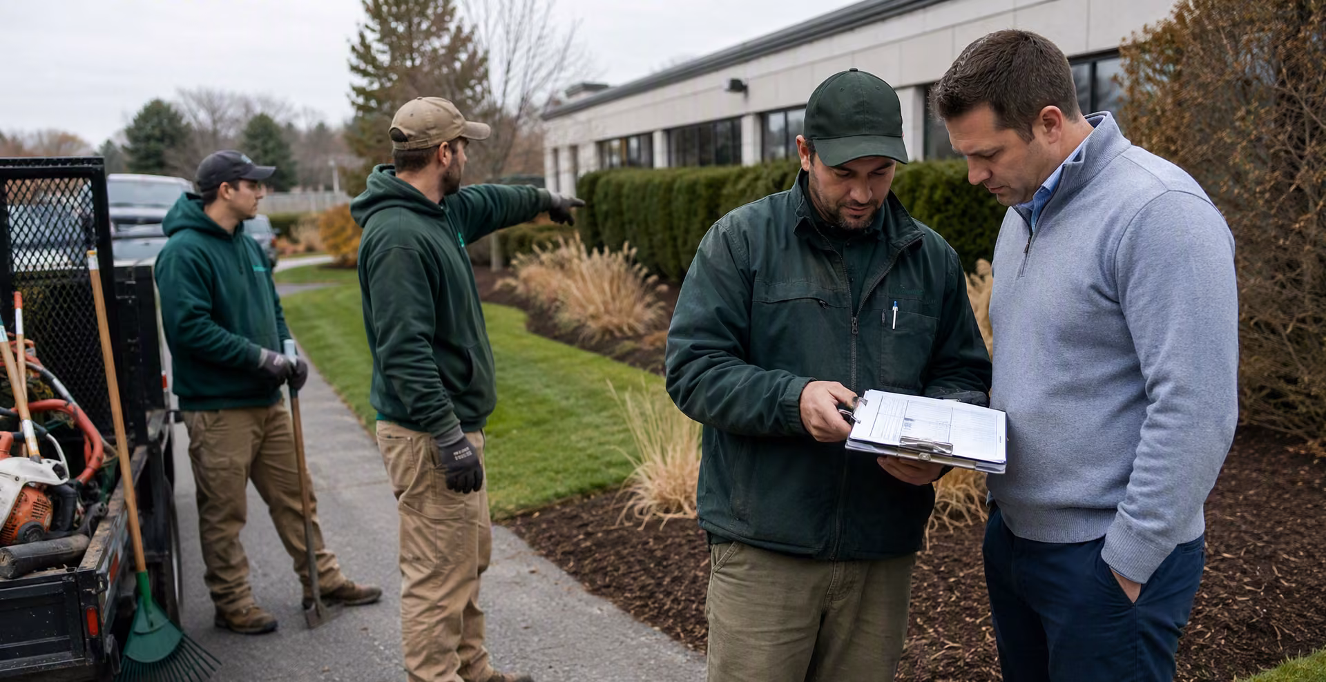 Terravian crew members walking a property with its manager, reviewing notes together