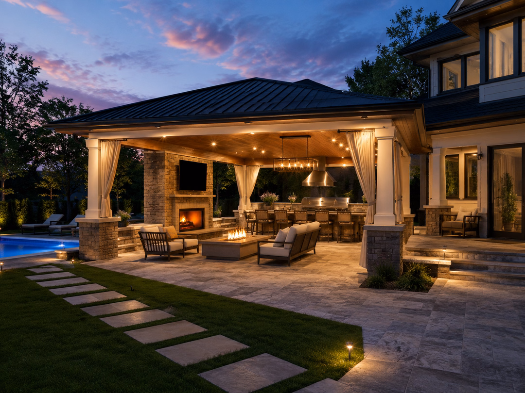 Poolside pavilion with an outdoor kitchen and stone fireplace at dusk, stepping stones crossing the lawn