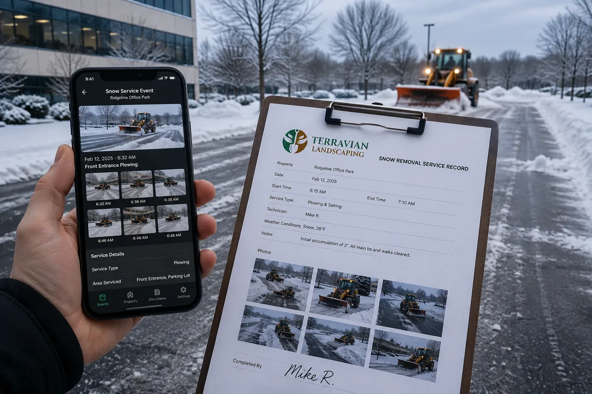 A snow removal service record on a clipboard and a phone showing time-stamped visit photos